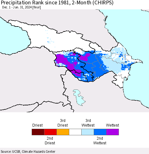 Azerbaijan, Armenia and Georgia Precipitation Rank since 1981, 2-Month (CHIRPS) Thematic Map For 12/1/2023 - 1/31/2024