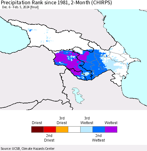 Azerbaijan, Armenia and Georgia Precipitation Rank since 1981, 2-Month (CHIRPS) Thematic Map For 12/6/2023 - 2/5/2024