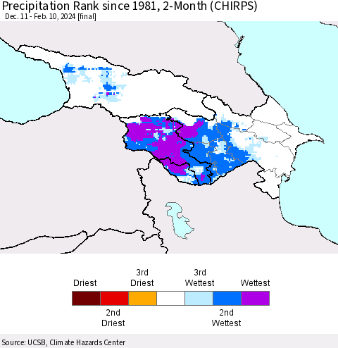 Azerbaijan, Armenia and Georgia Precipitation Rank since 1981, 2-Month (CHIRPS) Thematic Map For 12/11/2023 - 2/10/2024