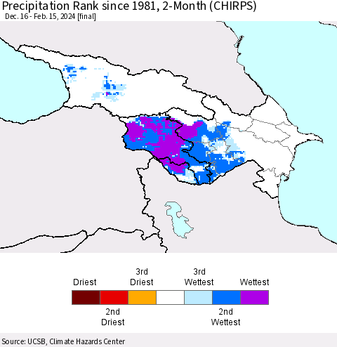 Azerbaijan, Armenia and Georgia Precipitation Rank since 1981, 2-Month (CHIRPS) Thematic Map For 12/16/2023 - 2/15/2024
