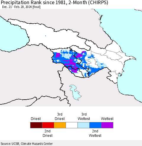 Azerbaijan, Armenia and Georgia Precipitation Rank since 1981, 2-Month (CHIRPS) Thematic Map For 12/21/2023 - 2/20/2024