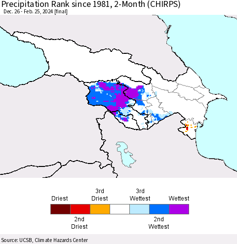 Azerbaijan, Armenia and Georgia Precipitation Rank since 1981, 2-Month (CHIRPS) Thematic Map For 12/26/2023 - 2/25/2024