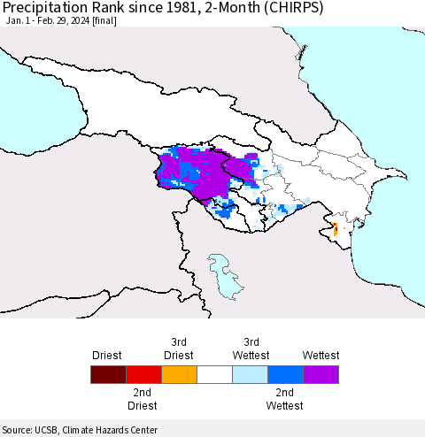 Azerbaijan, Armenia and Georgia Precipitation Rank since 1981, 2-Month (CHIRPS) Thematic Map For 1/1/2024 - 2/29/2024