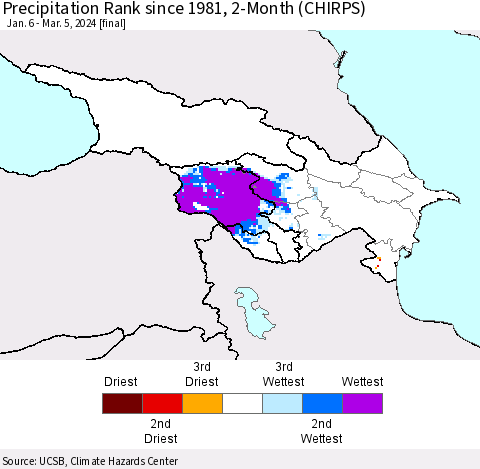 Azerbaijan, Armenia and Georgia Precipitation Rank since 1981, 2-Month (CHIRPS) Thematic Map For 1/6/2024 - 3/5/2024