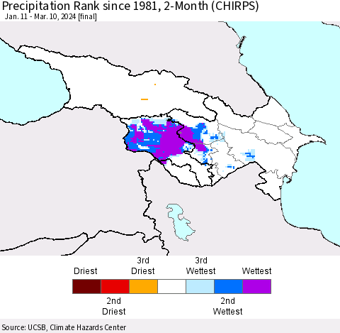Azerbaijan, Armenia and Georgia Precipitation Rank since 1981, 2-Month (CHIRPS) Thematic Map For 1/11/2024 - 3/10/2024