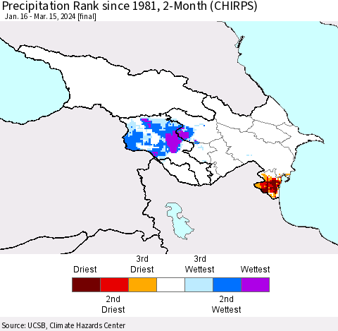 Azerbaijan, Armenia and Georgia Precipitation Rank since 1981, 2-Month (CHIRPS) Thematic Map For 1/16/2024 - 3/15/2024