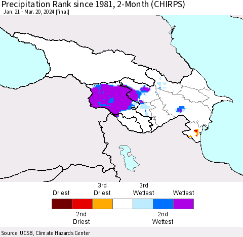 Azerbaijan, Armenia and Georgia Precipitation Rank since 1981, 2-Month (CHIRPS) Thematic Map For 1/21/2024 - 3/20/2024