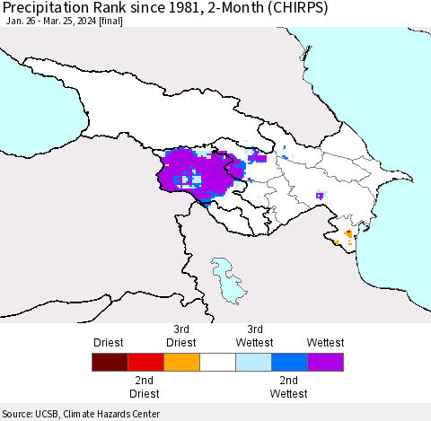 Azerbaijan, Armenia and Georgia Precipitation Rank since 1981, 2-Month (CHIRPS) Thematic Map For 1/26/2024 - 3/25/2024
