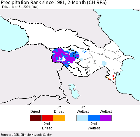 Azerbaijan, Armenia and Georgia Precipitation Rank since 1981, 2-Month (CHIRPS) Thematic Map For 2/1/2024 - 3/31/2024