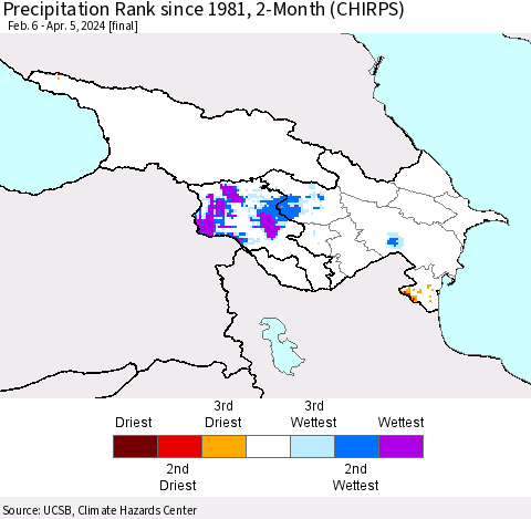 Azerbaijan, Armenia and Georgia Precipitation Rank since 1981, 2-Month (CHIRPS) Thematic Map For 2/6/2024 - 4/5/2024