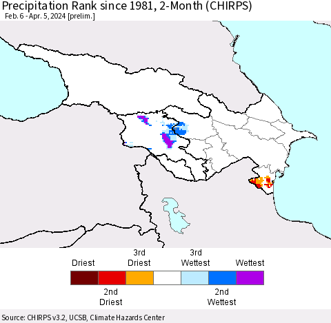 Azerbaijan, Armenia and Georgia Precipitation Rank since 1981, 2-Month (CHIRPS) Thematic Map For 2/6/2024 - 4/5/2024