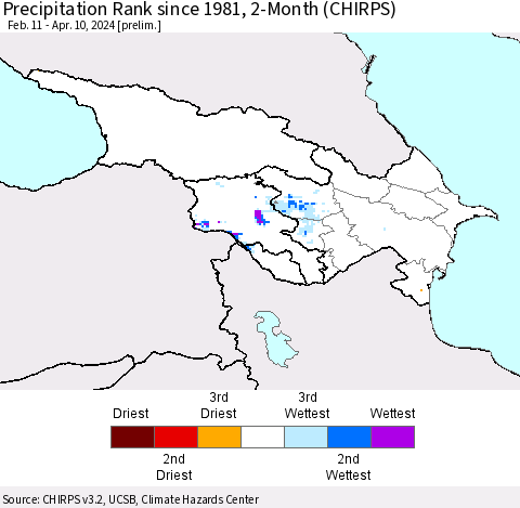 Azerbaijan, Armenia and Georgia Precipitation Rank since 1981, 2-Month (CHIRPS) Thematic Map For 2/11/2024 - 4/10/2024