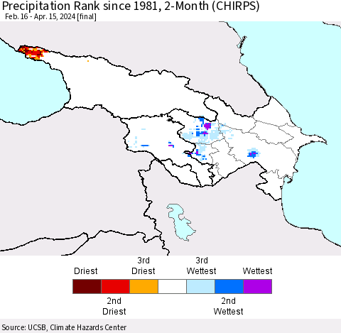 Azerbaijan, Armenia and Georgia Precipitation Rank since 1981, 2-Month (CHIRPS) Thematic Map For 2/16/2024 - 4/15/2024