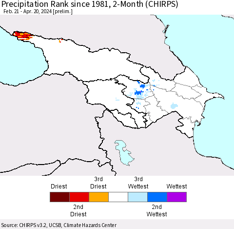 Azerbaijan, Armenia and Georgia Precipitation Rank since 1981, 2-Month (CHIRPS) Thematic Map For 2/21/2024 - 4/20/2024