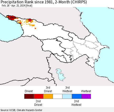 Azerbaijan, Armenia and Georgia Precipitation Rank since 1981, 2-Month (CHIRPS) Thematic Map For 2/26/2024 - 4/25/2024