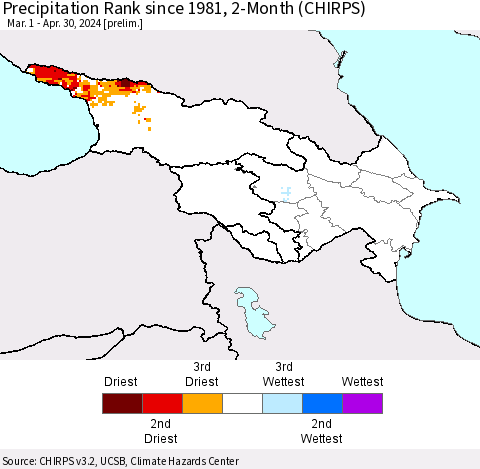 Azerbaijan, Armenia and Georgia Precipitation Rank since 1981, 2-Month (CHIRPS) Thematic Map For 3/1/2024 - 4/30/2024
