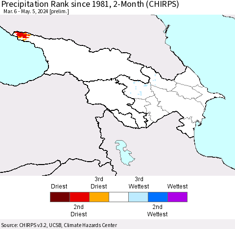 Azerbaijan, Armenia and Georgia Precipitation Rank since 1981, 2-Month (CHIRPS) Thematic Map For 3/6/2024 - 5/5/2024