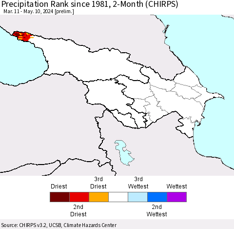 Azerbaijan, Armenia and Georgia Precipitation Rank since 1981, 2-Month (CHIRPS) Thematic Map For 3/11/2024 - 5/10/2024