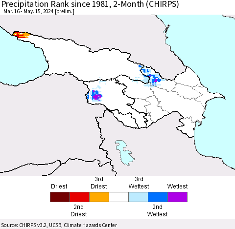 Azerbaijan, Armenia and Georgia Precipitation Rank since 1981, 2-Month (CHIRPS) Thematic Map For 3/16/2024 - 5/15/2024
