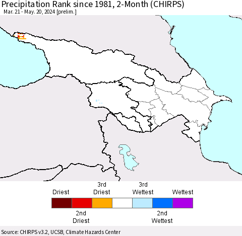 Azerbaijan, Armenia and Georgia Precipitation Rank since 1981, 2-Month (CHIRPS) Thematic Map For 3/21/2024 - 5/20/2024