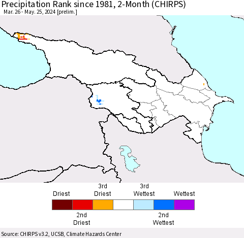 Azerbaijan, Armenia and Georgia Precipitation Rank since 1981, 2-Month (CHIRPS) Thematic Map For 3/26/2024 - 5/25/2024