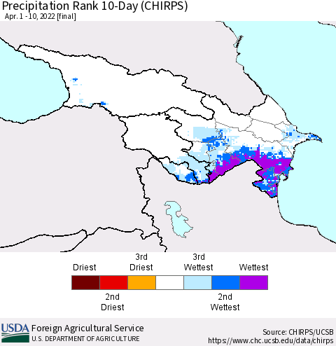 Azerbaijan, Armenia and Georgia Precipitation Rank since 1981, 10-Day (CHIRPS) Thematic Map For 4/1/2022 - 4/10/2022