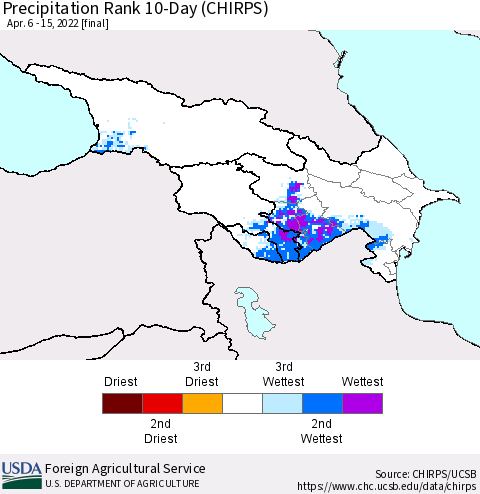 Azerbaijan, Armenia and Georgia Precipitation Rank since 1981, 10-Day (CHIRPS) Thematic Map For 4/6/2022 - 4/15/2022