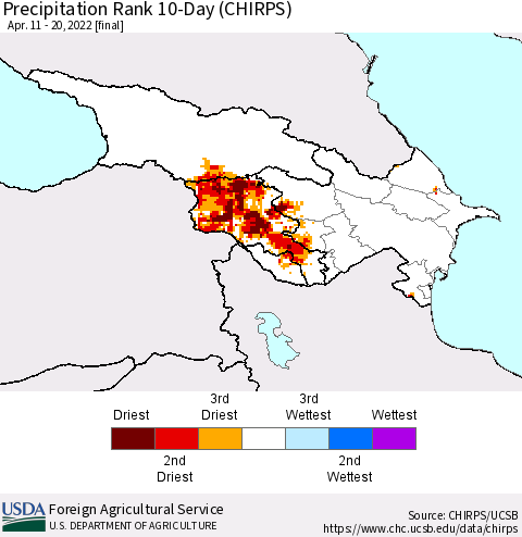 Azerbaijan, Armenia and Georgia Precipitation Rank since 1981, 10-Day (CHIRPS) Thematic Map For 4/11/2022 - 4/20/2022