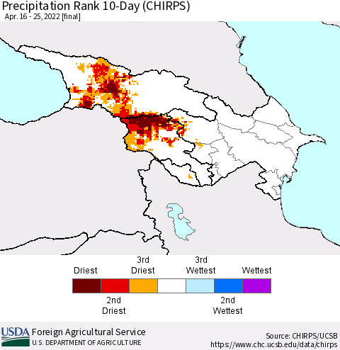 Azerbaijan, Armenia and Georgia Precipitation Rank since 1981, 10-Day (CHIRPS) Thematic Map For 4/16/2022 - 4/25/2022