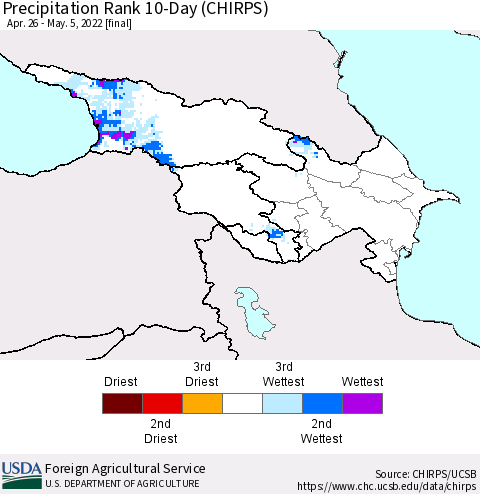 Azerbaijan, Armenia and Georgia Precipitation Rank since 1981, 10-Day (CHIRPS) Thematic Map For 4/26/2022 - 5/5/2022