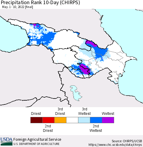 Azerbaijan, Armenia and Georgia Precipitation Rank since 1981, 10-Day (CHIRPS) Thematic Map For 5/1/2022 - 5/10/2022