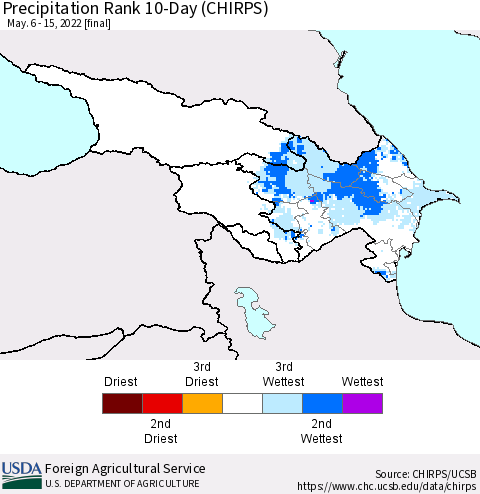 Azerbaijan, Armenia and Georgia Precipitation Rank since 1981, 10-Day (CHIRPS) Thematic Map For 5/6/2022 - 5/15/2022