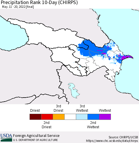 Azerbaijan, Armenia and Georgia Precipitation Rank since 1981, 10-Day (CHIRPS) Thematic Map For 5/11/2022 - 5/20/2022