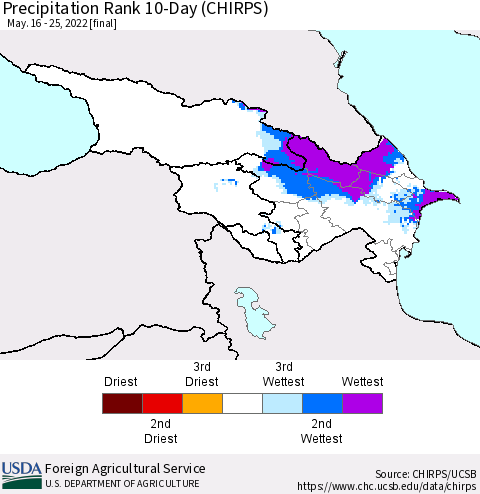 Azerbaijan, Armenia and Georgia Precipitation Rank since 1981, 10-Day (CHIRPS) Thematic Map For 5/16/2022 - 5/25/2022