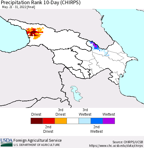 Azerbaijan, Armenia and Georgia Precipitation Rank since 1981, 10-Day (CHIRPS) Thematic Map For 5/21/2022 - 5/31/2022