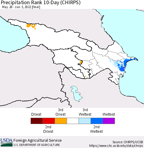 Azerbaijan, Armenia and Georgia Precipitation Rank since 1981, 10-Day (CHIRPS) Thematic Map For 5/26/2022 - 6/5/2022