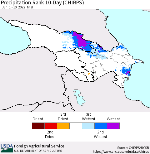 Azerbaijan, Armenia and Georgia Precipitation Rank since 1981, 10-Day (CHIRPS) Thematic Map For 6/1/2022 - 6/10/2022