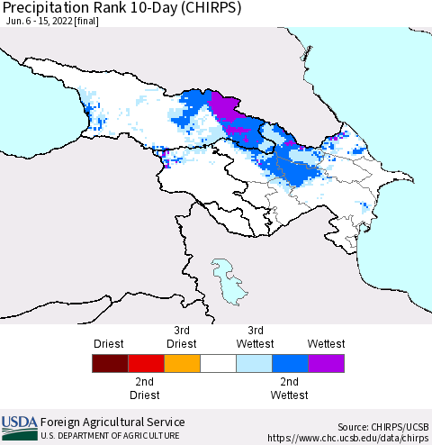 Azerbaijan, Armenia and Georgia Precipitation Rank since 1981, 10-Day (CHIRPS) Thematic Map For 6/6/2022 - 6/15/2022