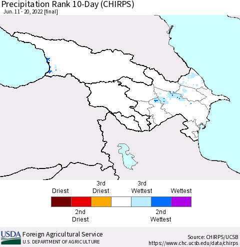 Azerbaijan, Armenia and Georgia Precipitation Rank since 1981, 10-Day (CHIRPS) Thematic Map For 6/11/2022 - 6/20/2022