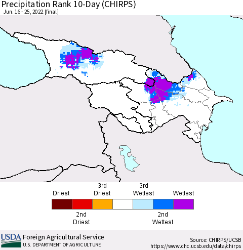 Azerbaijan, Armenia and Georgia Precipitation Rank since 1981, 10-Day (CHIRPS) Thematic Map For 6/16/2022 - 6/25/2022