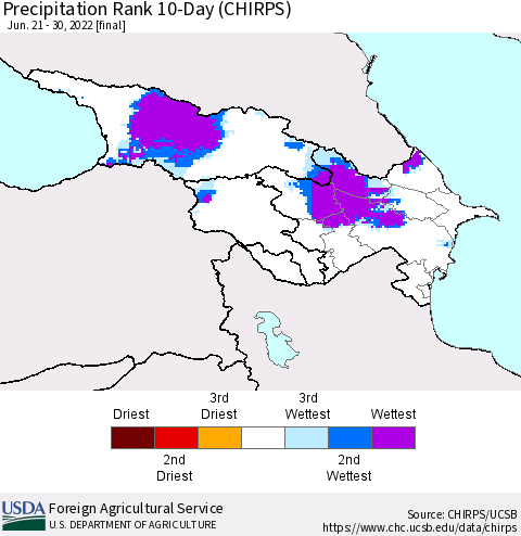 Azerbaijan, Armenia and Georgia Precipitation Rank since 1981, 10-Day (CHIRPS) Thematic Map For 6/21/2022 - 6/30/2022