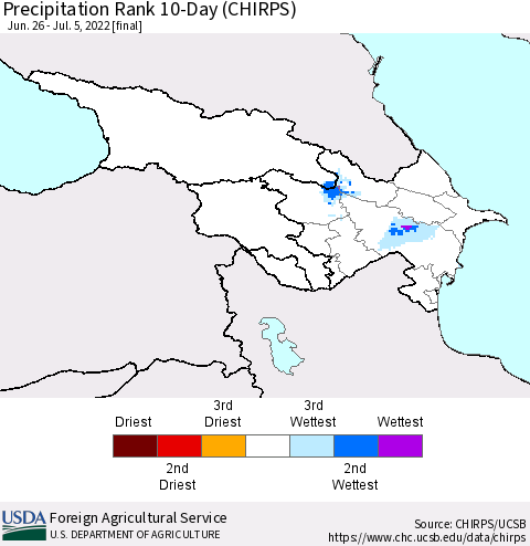 Azerbaijan, Armenia and Georgia Precipitation Rank since 1981, 10-Day (CHIRPS) Thematic Map For 6/26/2022 - 7/5/2022