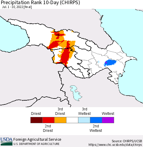 Azerbaijan, Armenia and Georgia Precipitation Rank since 1981, 10-Day (CHIRPS) Thematic Map For 7/1/2022 - 7/10/2022