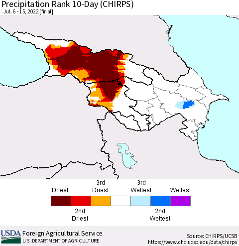 Azerbaijan, Armenia and Georgia Precipitation Rank since 1981, 10-Day (CHIRPS) Thematic Map For 7/6/2022 - 7/15/2022