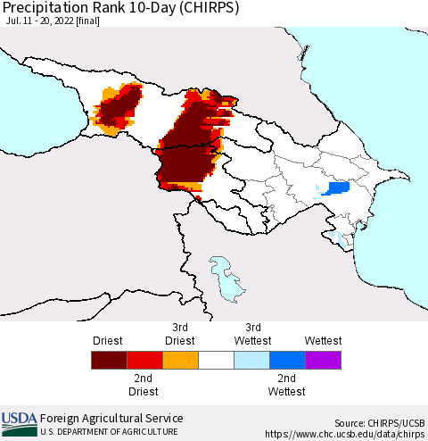 Azerbaijan, Armenia and Georgia Precipitation Rank since 1981, 10-Day (CHIRPS) Thematic Map For 7/11/2022 - 7/20/2022