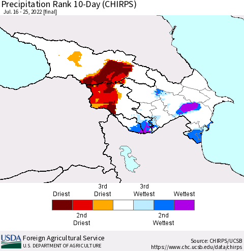 Azerbaijan, Armenia and Georgia Precipitation Rank since 1981, 10-Day (CHIRPS) Thematic Map For 7/16/2022 - 7/25/2022