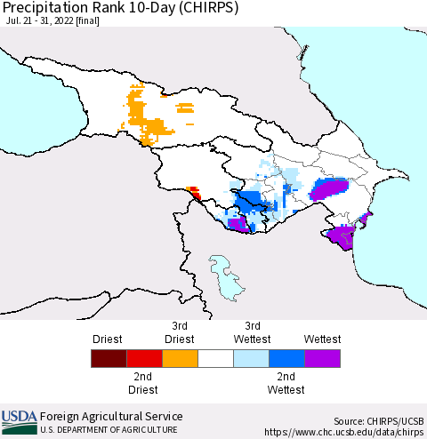 Azerbaijan, Armenia and Georgia Precipitation Rank since 1981, 10-Day (CHIRPS) Thematic Map For 7/21/2022 - 7/31/2022