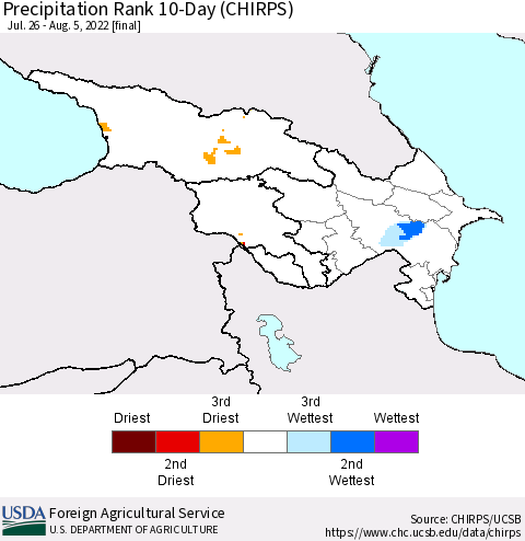 Azerbaijan, Armenia and Georgia Precipitation Rank since 1981, 10-Day (CHIRPS) Thematic Map For 7/26/2022 - 8/5/2022