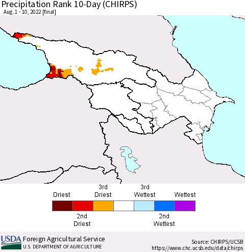 Azerbaijan, Armenia and Georgia Precipitation Rank since 1981, 10-Day (CHIRPS) Thematic Map For 8/1/2022 - 8/10/2022