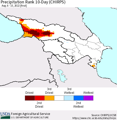Azerbaijan, Armenia and Georgia Precipitation Rank since 1981, 10-Day (CHIRPS) Thematic Map For 8/6/2022 - 8/15/2022